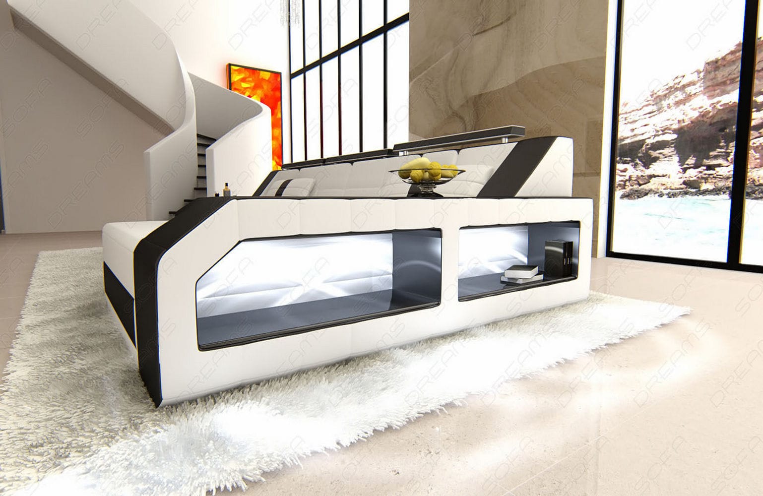 Design Ledersofa Arezzo L-Form mit LED weiß-schwarz