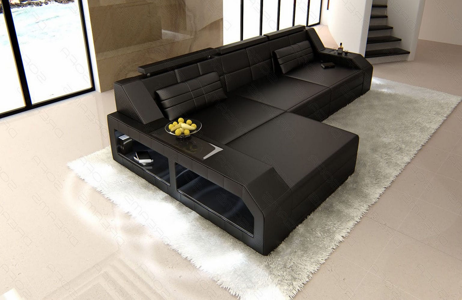 Design Ledersofa Arezzo L-Form mit LED schwarz