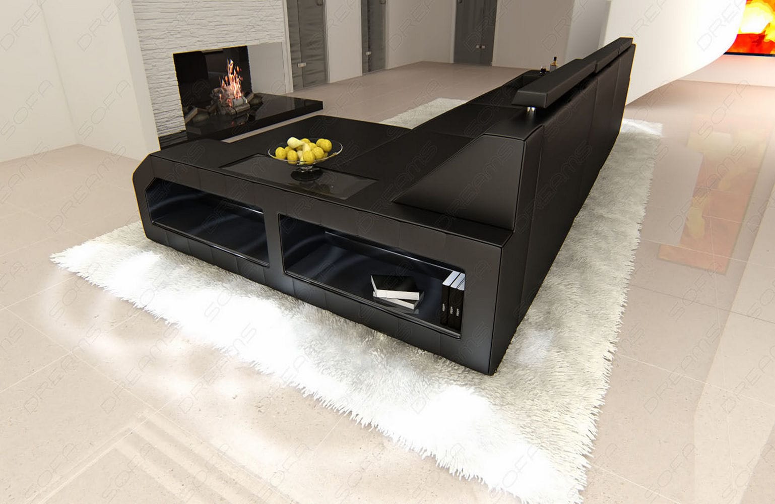 Design Ledersofa Arezzo L-Form mit LED schwarz