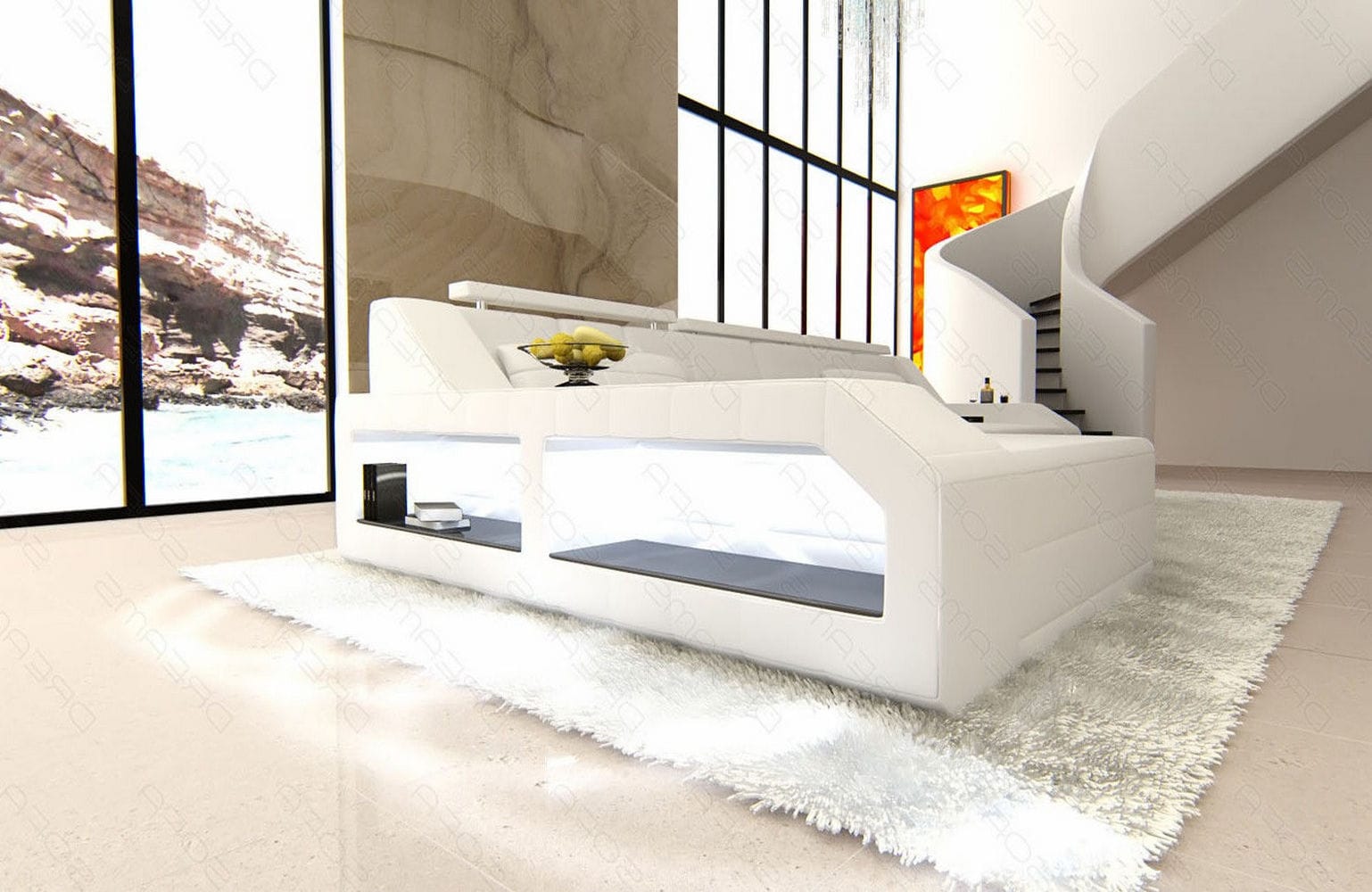 Design Ledersofa Arezzo L-Form mit LED weiß