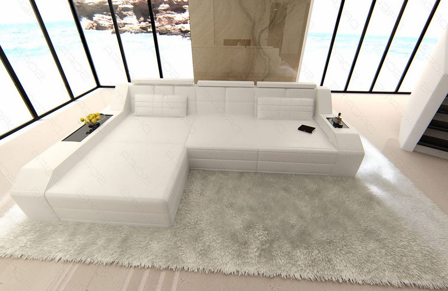 Design Ledersofa Arezzo L-Form mit LED weiß