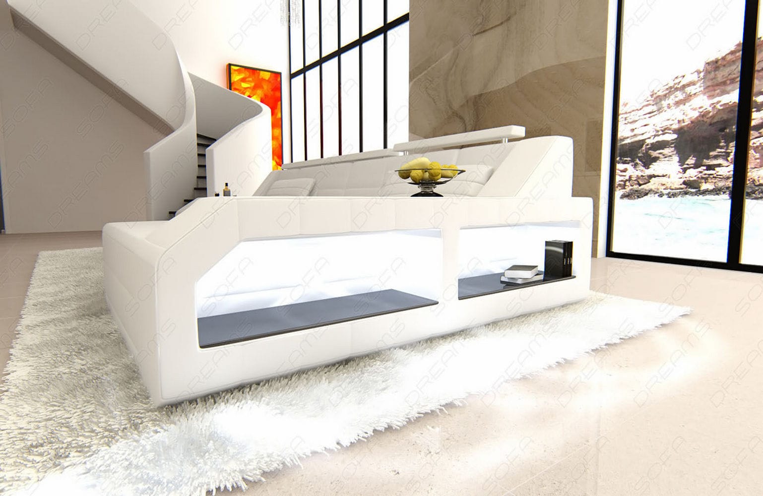 Design Ledersofa Arezzo L-Form mit LED weiß