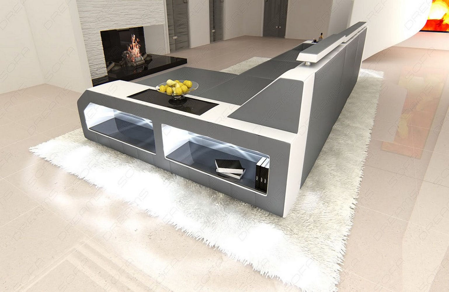 Design Ledersofa Arezzo L-Form mit LED grau-weiß