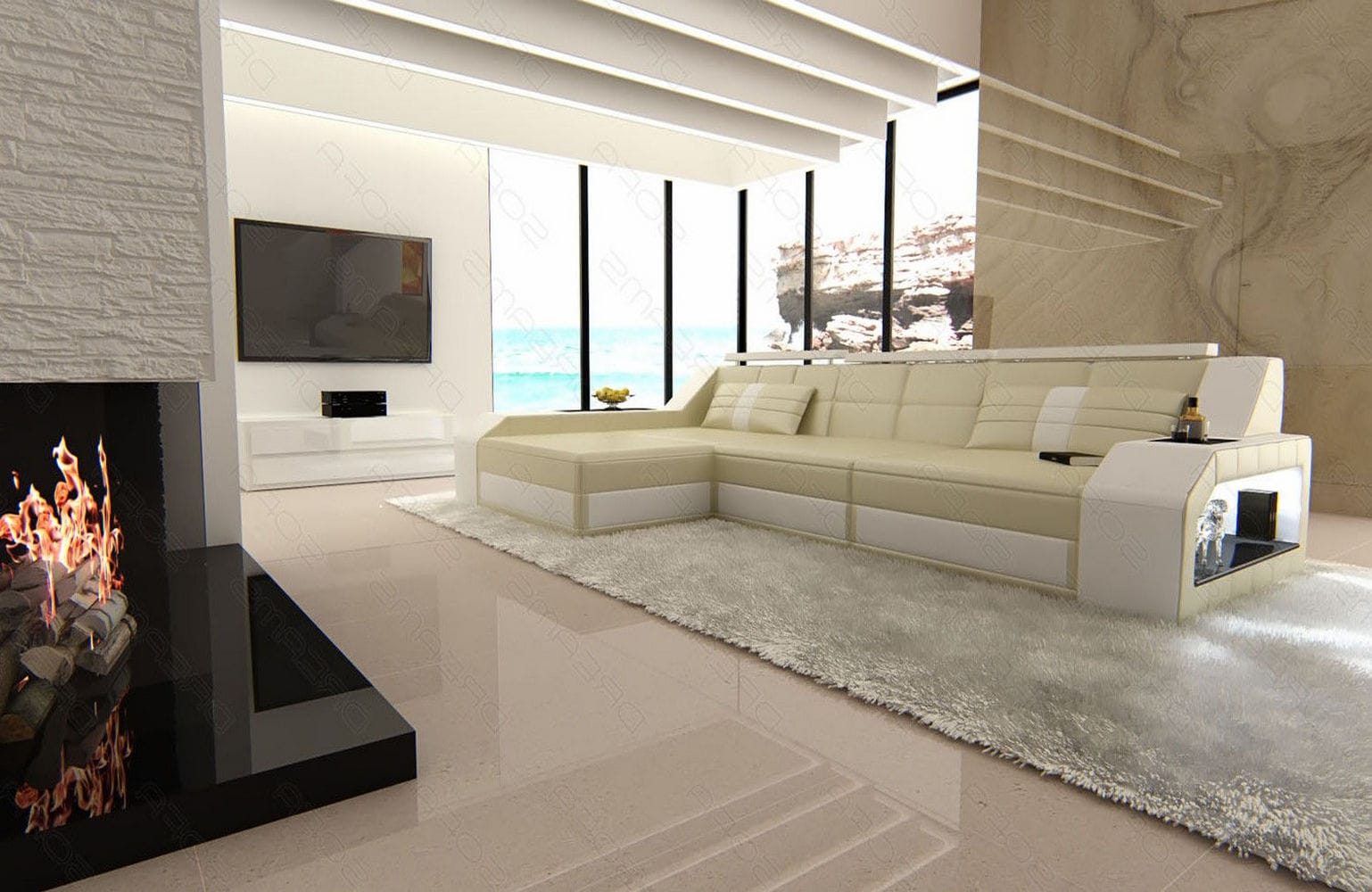 Design Ledersofa Arezzo L-Form mit LED beige-weiß
