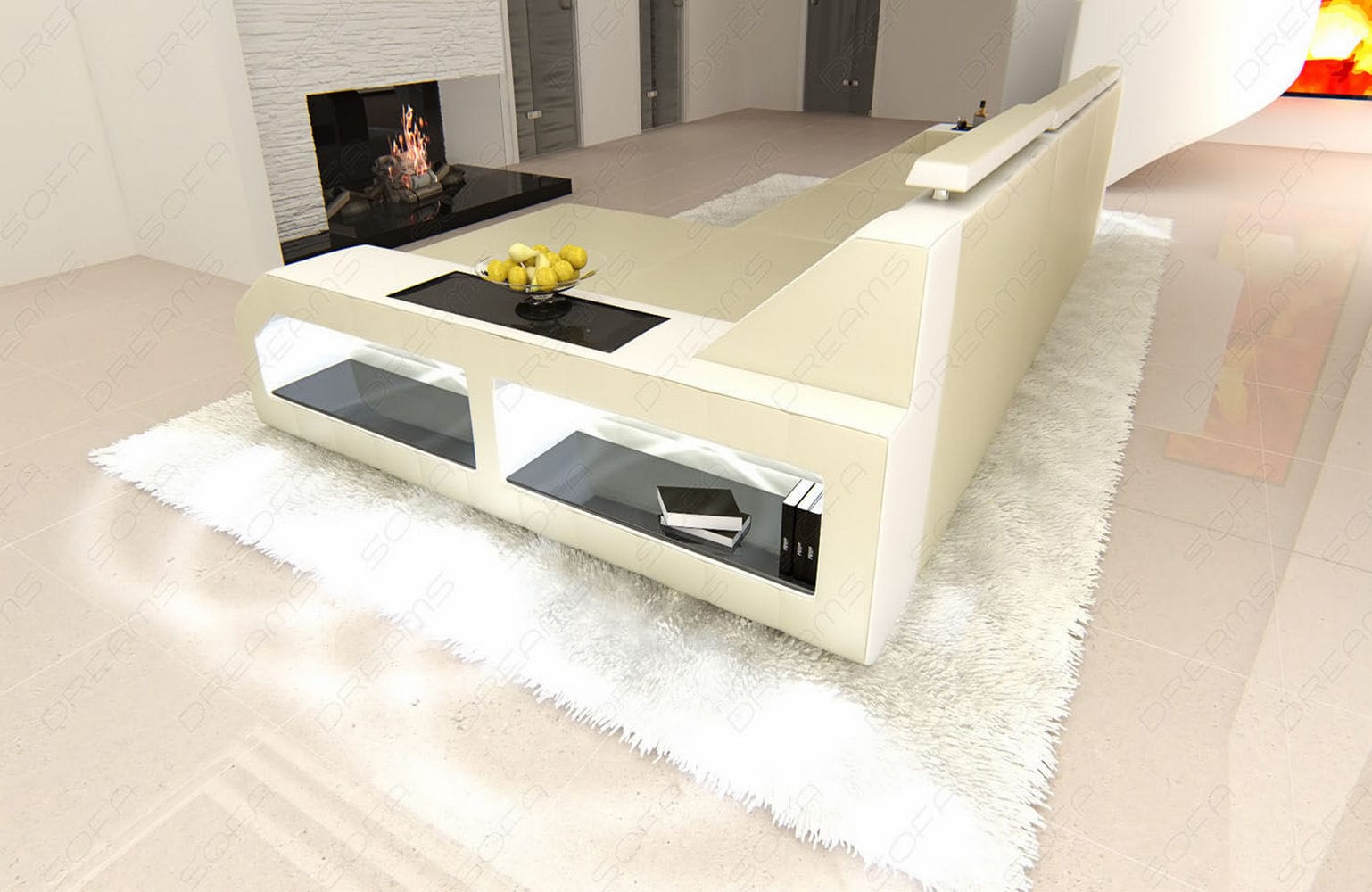 Design Ledersofa Arezzo L-Form mit LED beige-weiß