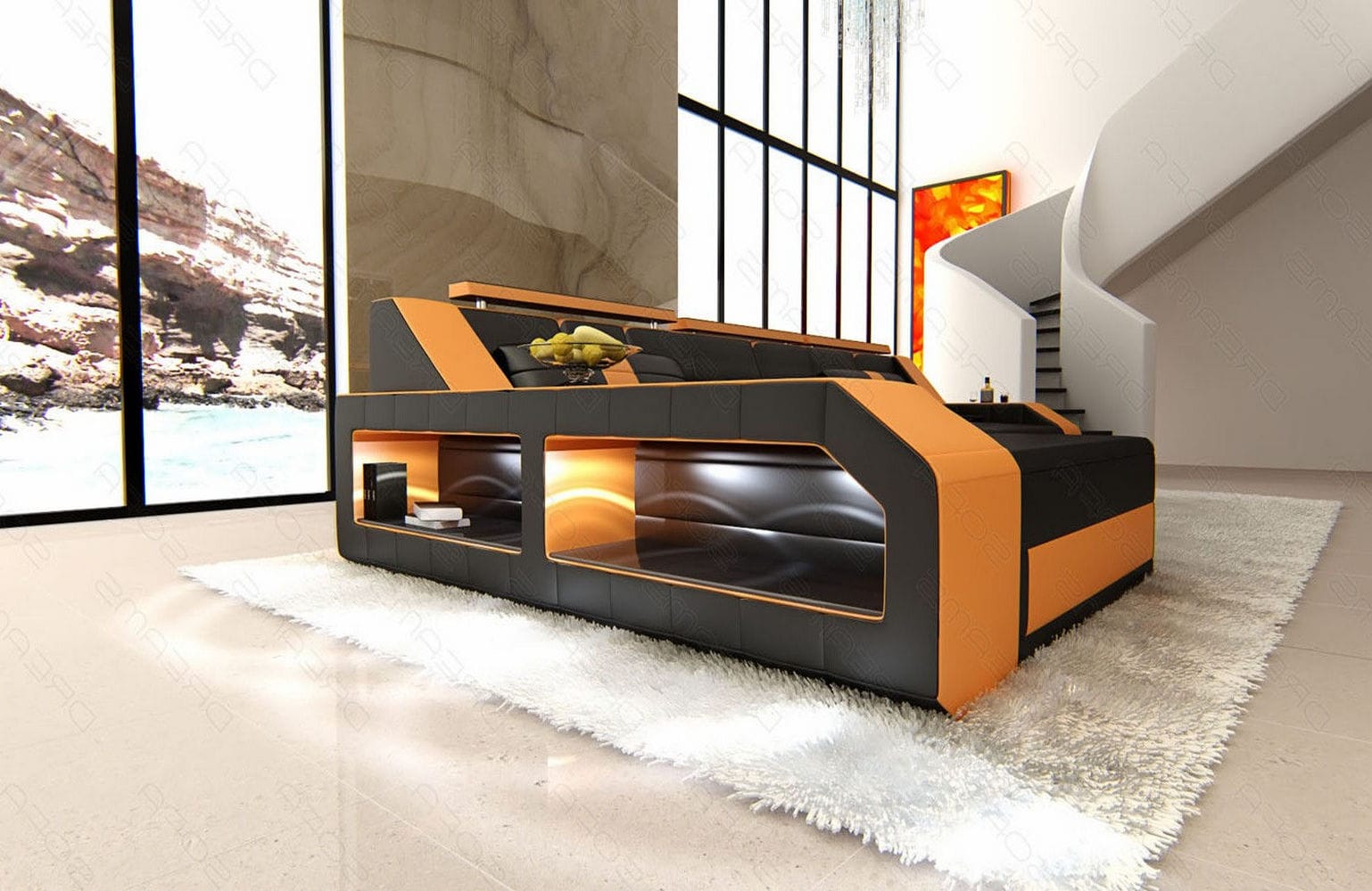 Design Ledersofa Arezzo L-Form mit LED schwarz-orange