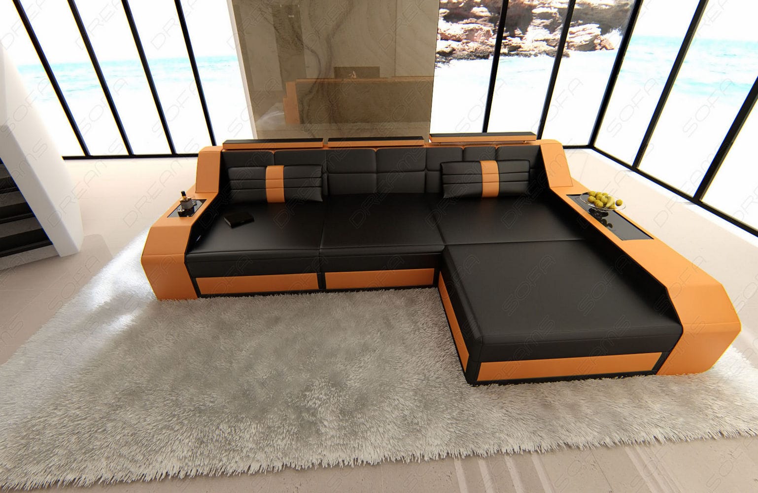 Design Ledersofa Arezzo L-Form mit LED schwarz-orange