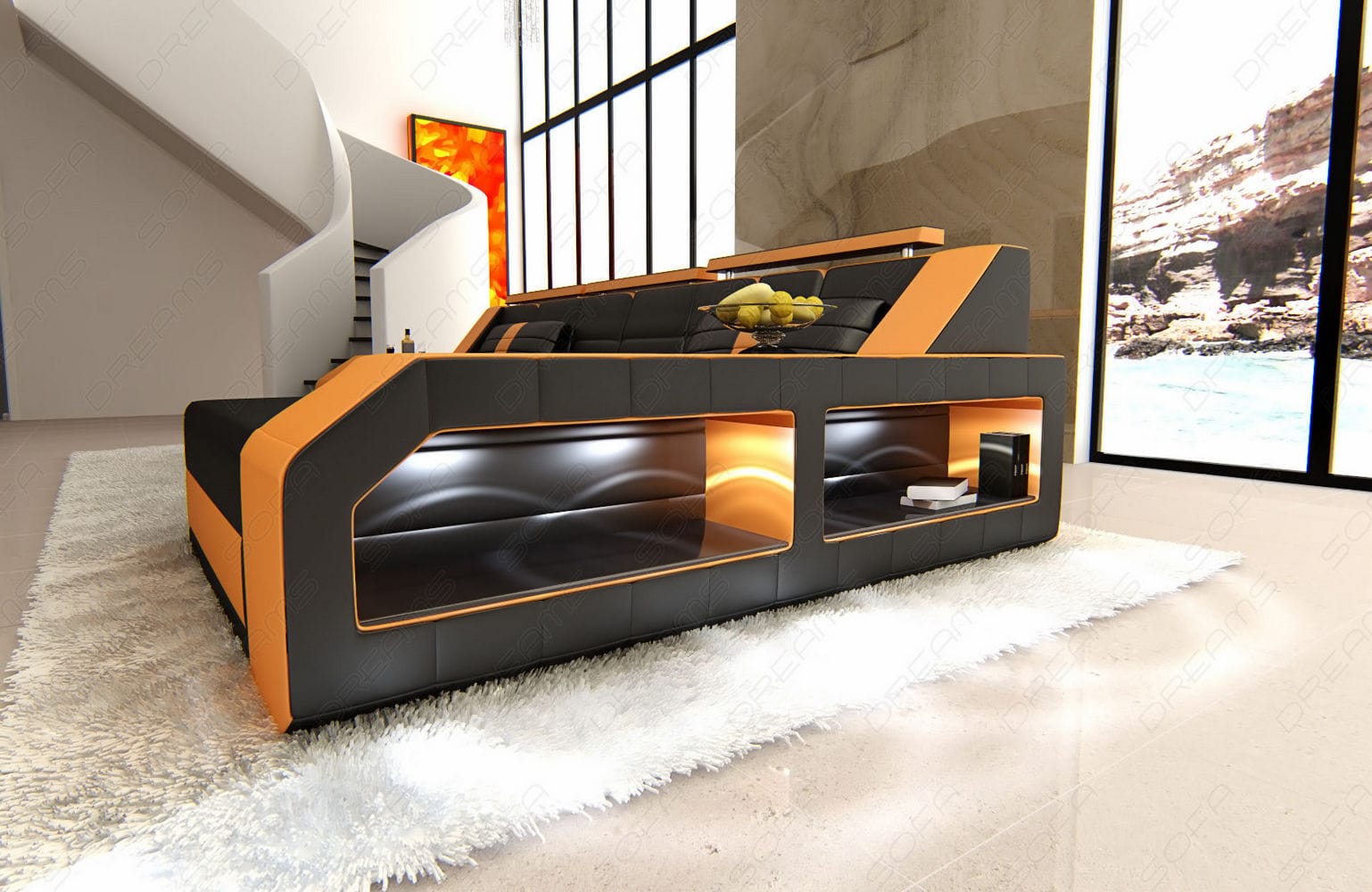 Design Ledersofa Arezzo L-Form mit LED schwarz-orange