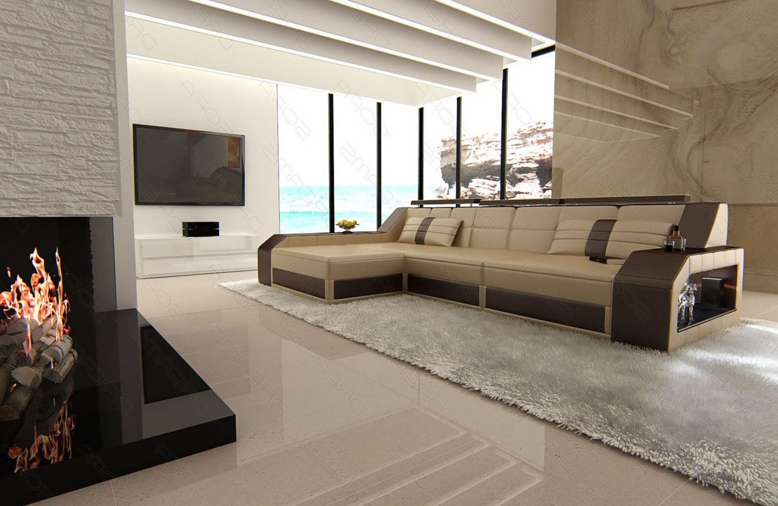 Design Ledersofa Arezzo L-Form mit LED sandbeige-dunkelbraun