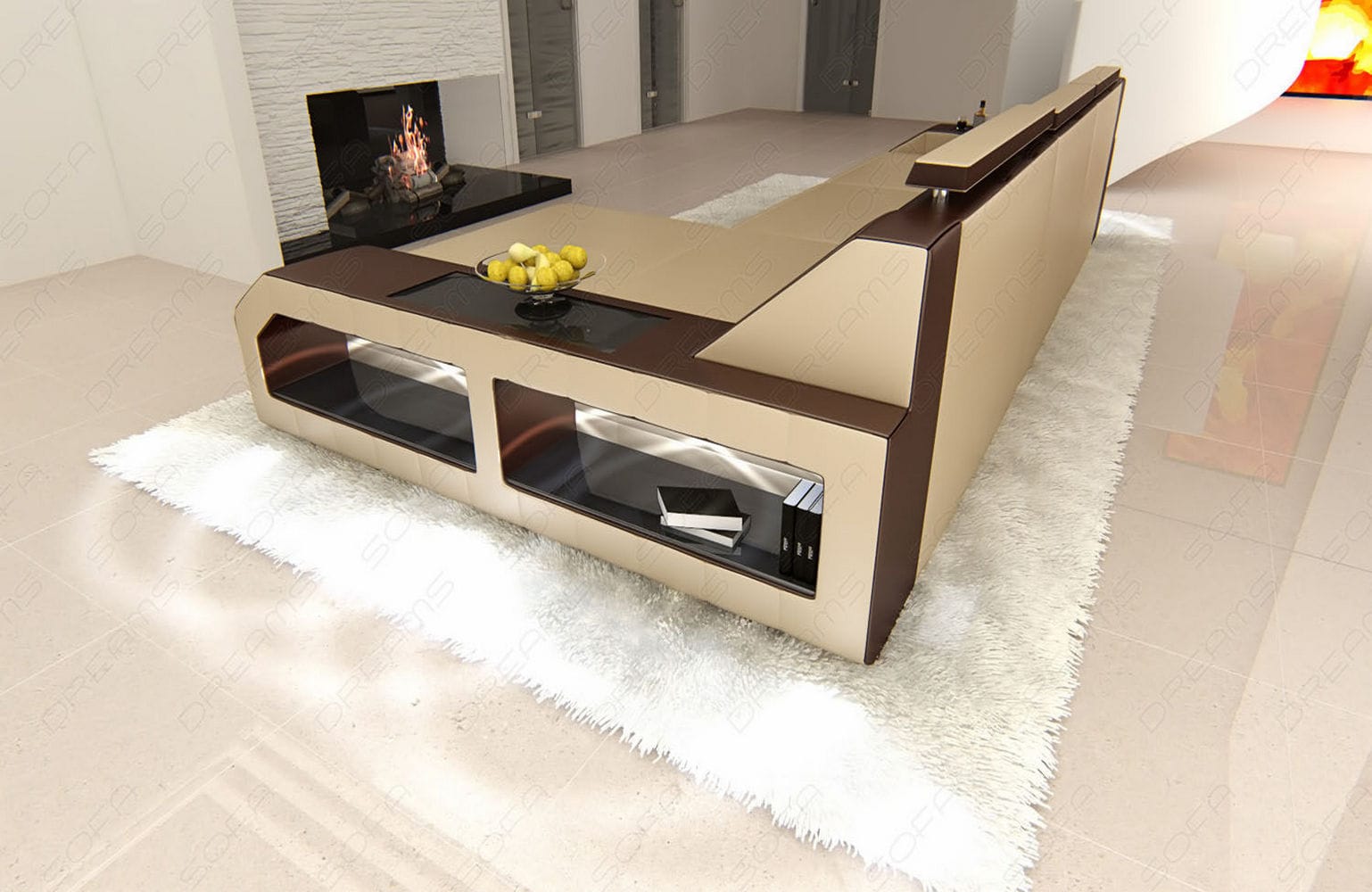 Design Ledersofa Arezzo L-Form mit LED sandbeige-dunkelbraun