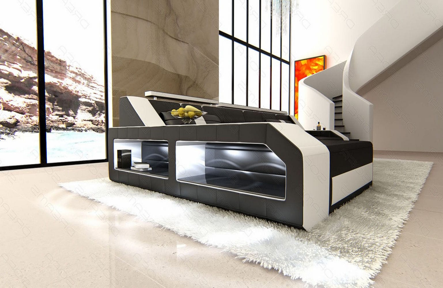 Design Ledersofa Arezzo L-Form mit LED schwarz-weiß