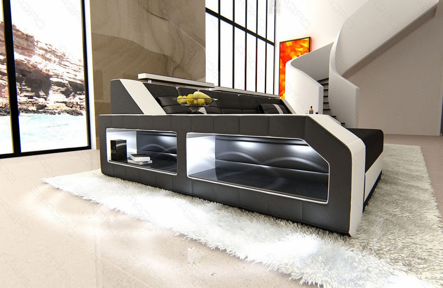Design Ledersofa Arezzo L-Form mit LED schwarz-weiß
