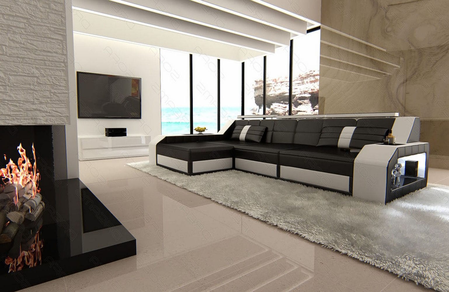 Design Ledersofa Arezzo L-Form mit LED schwarz-weiß