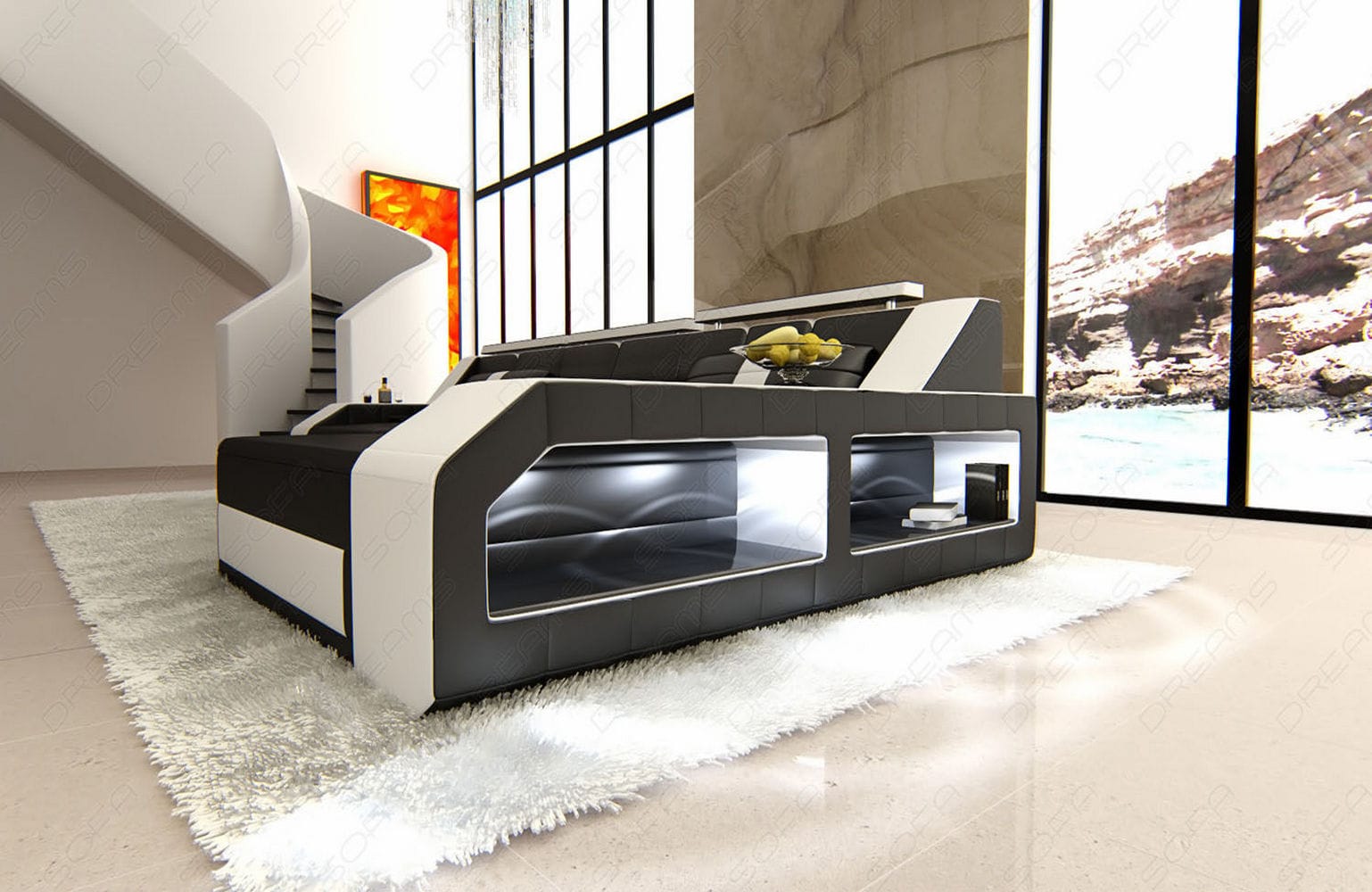 Design Ledersofa Arezzo L-Form mit LED schwarz-weiß