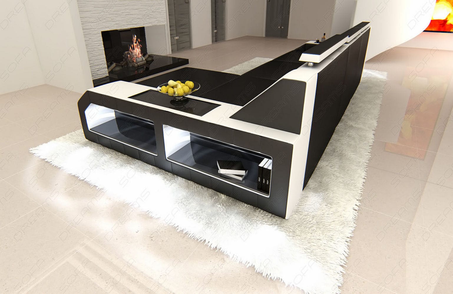 Design Ledersofa Arezzo L-Form mit LED schwarz-weiß