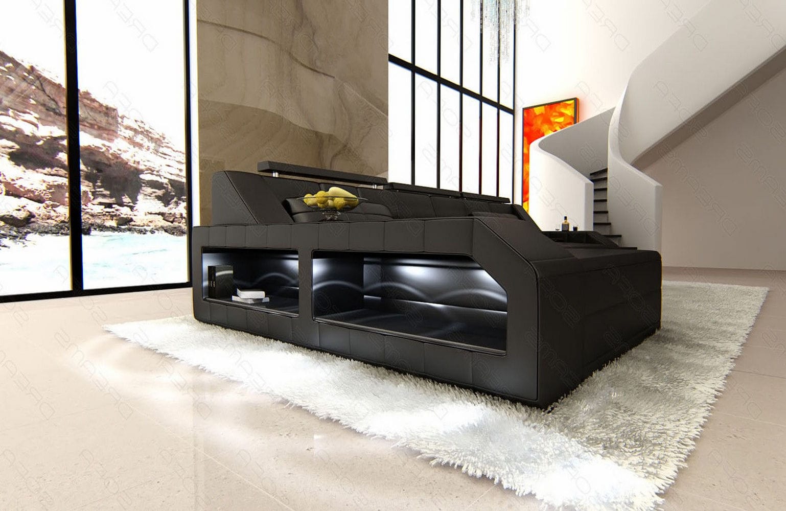 Design Ledersofa Arezzo L-Form mit LED schwarz