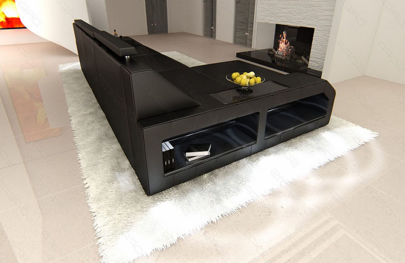 Design Ledersofa Arezzo L-Form mit LED schwarz