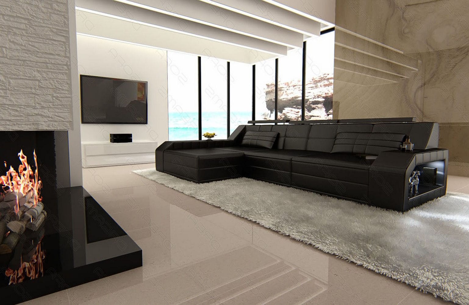Design Ledersofa Arezzo L-Form mit LED schwarz