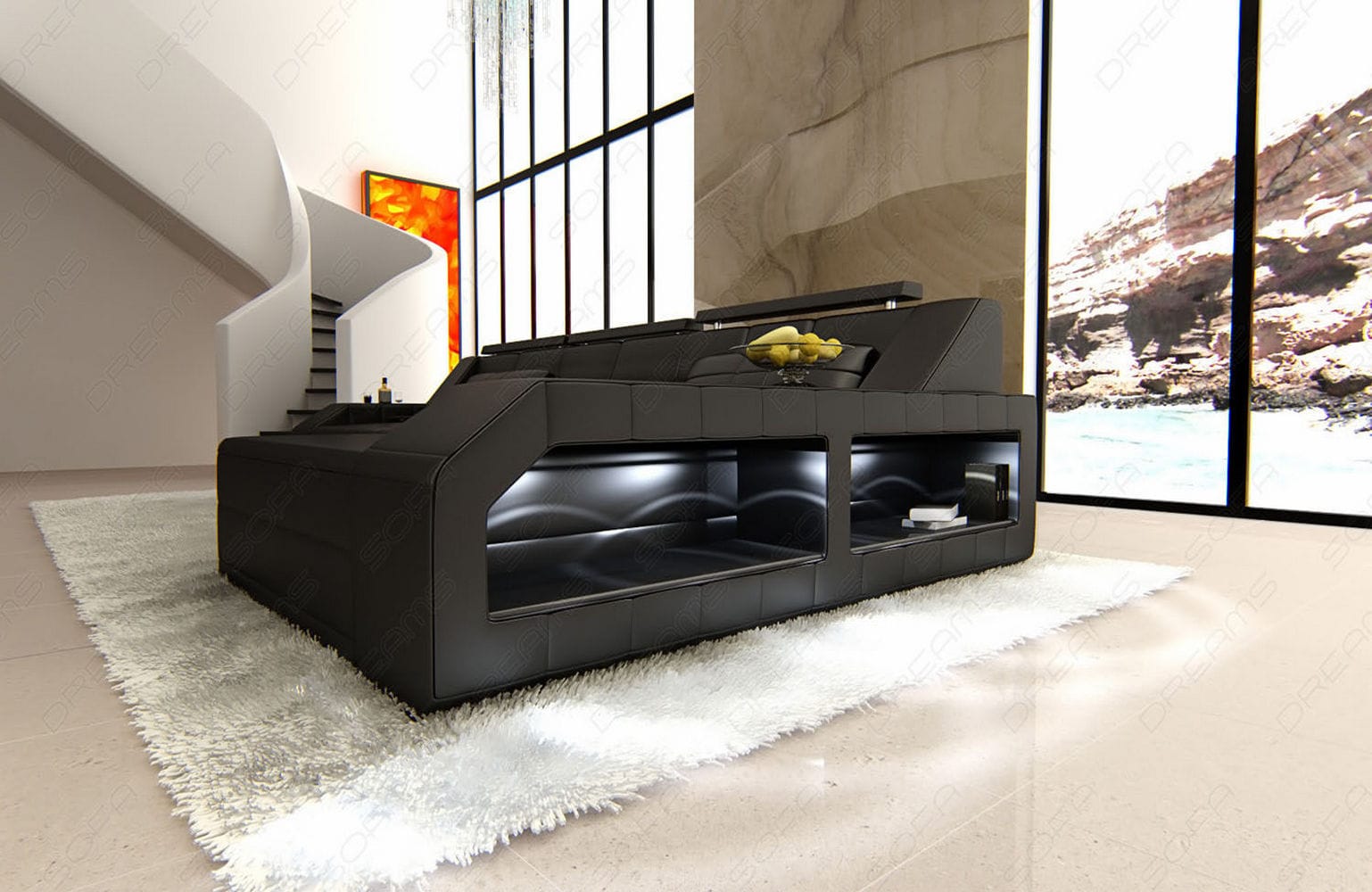 Design Ledersofa Arezzo L-Form mit LED schwarz