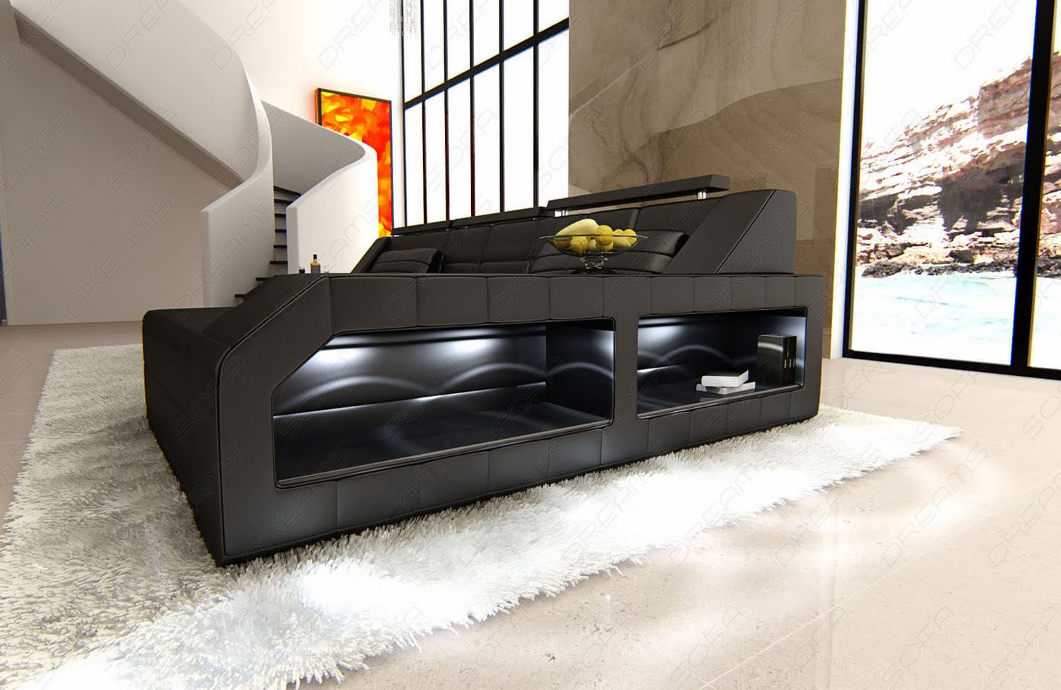 Design Ledersofa Arezzo L-Form mit LED schwarz