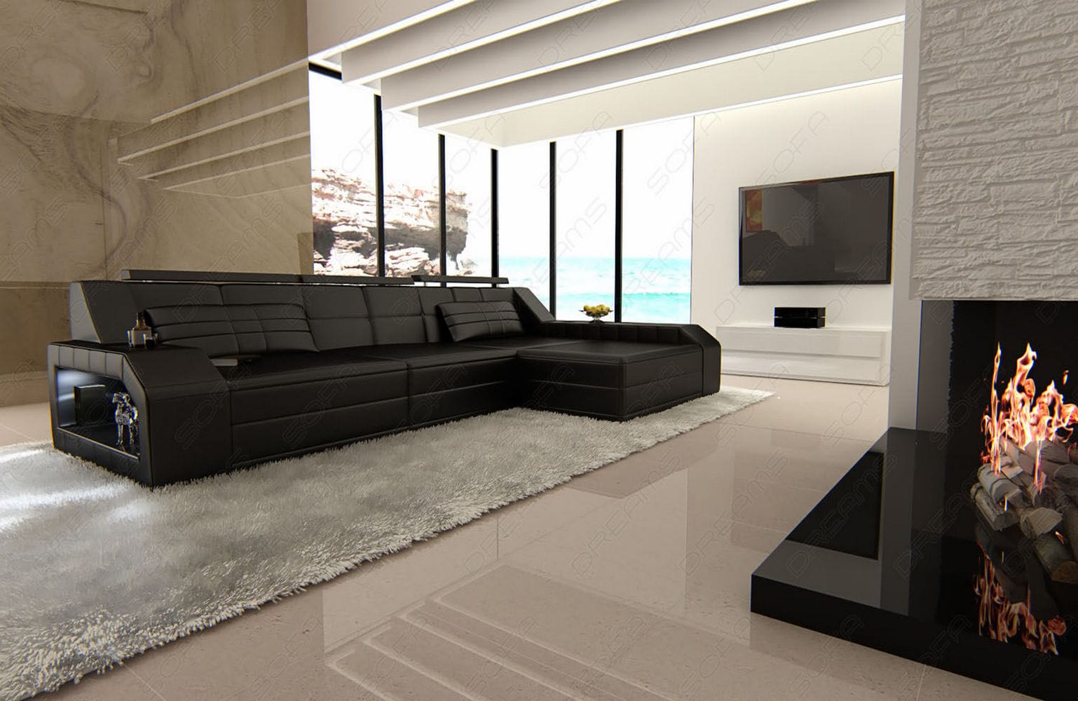 Design Ledersofa Arezzo L-Form mit LED schwarz