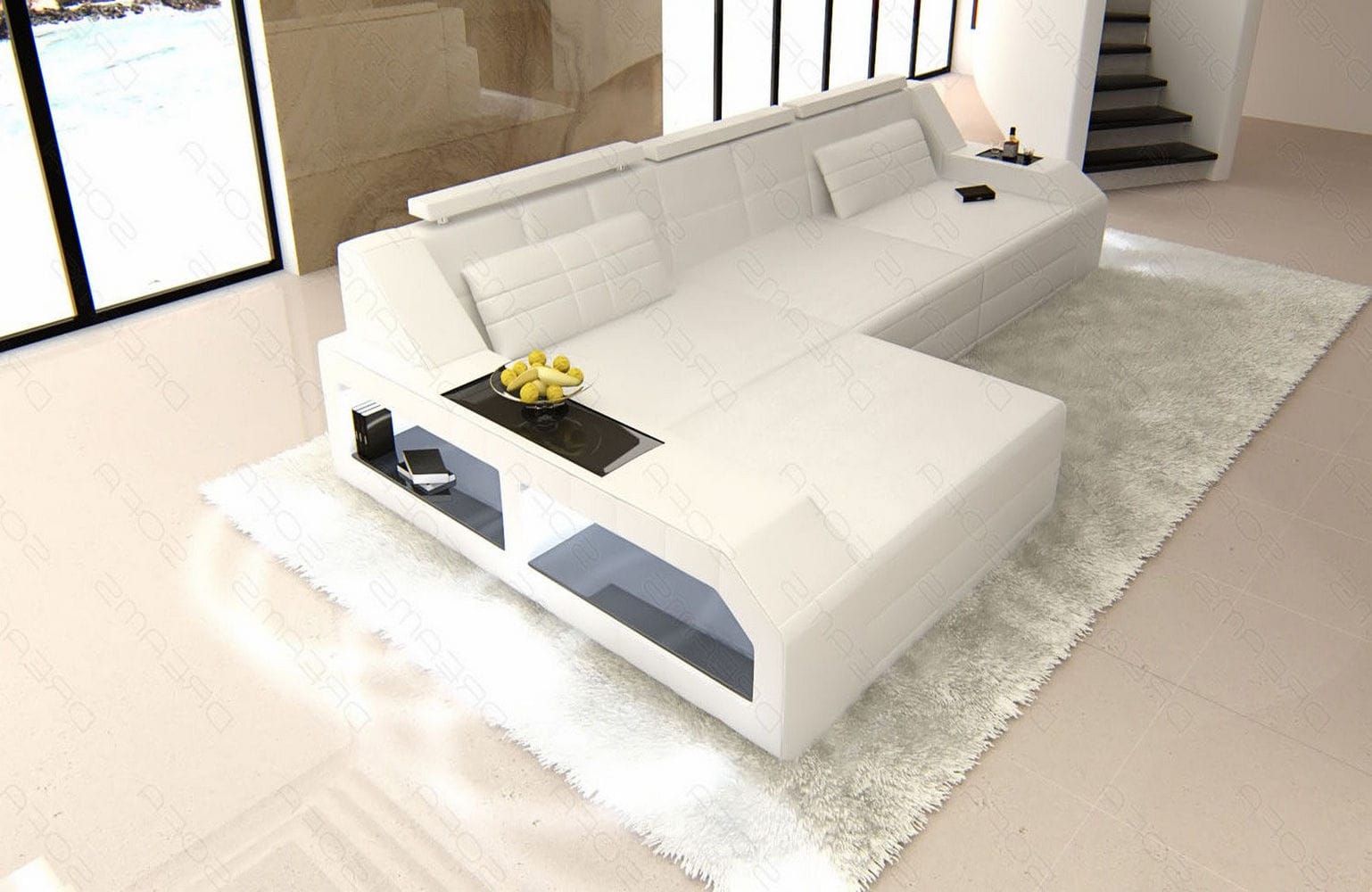 Design Ledersofa Arezzo L-Form mit LED weiß