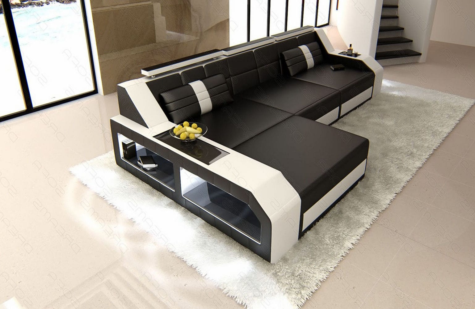 Design Ledersofa Arezzo L-Form mit LED schwarz-weiß