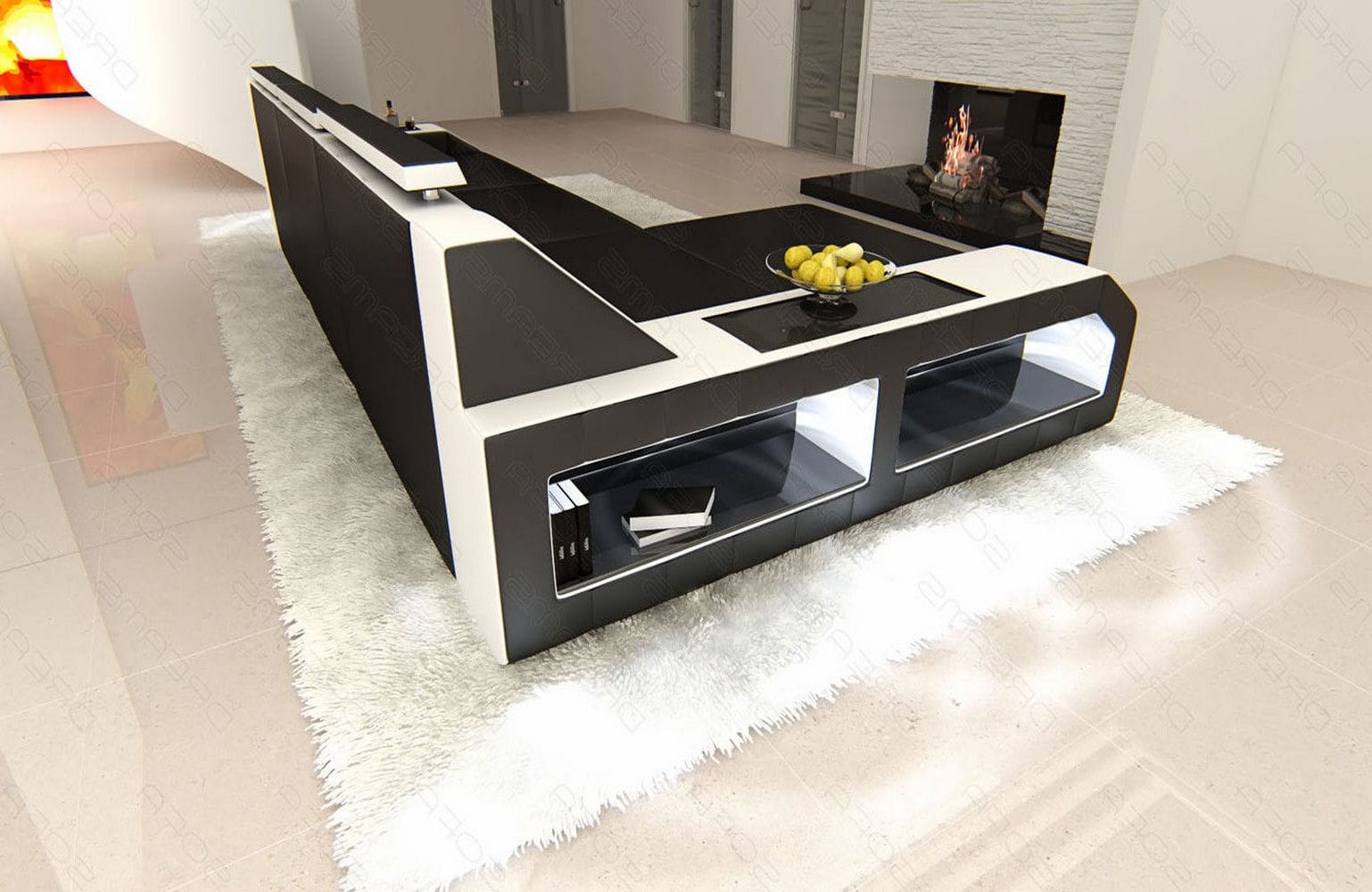 Design Ledersofa Arezzo L-Form mit LED schwarz-weiß