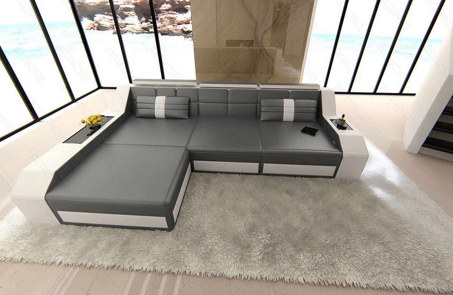 Design Ledersofa Arezzo L-Form mit LED grau-weiß