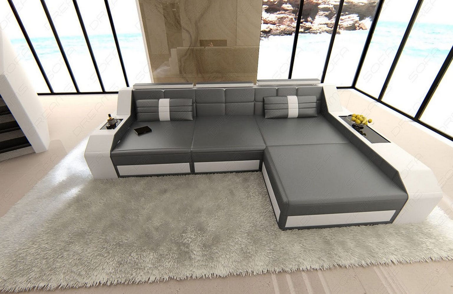 Design Ledersofa Arezzo L-Form mit LED grau-weiß