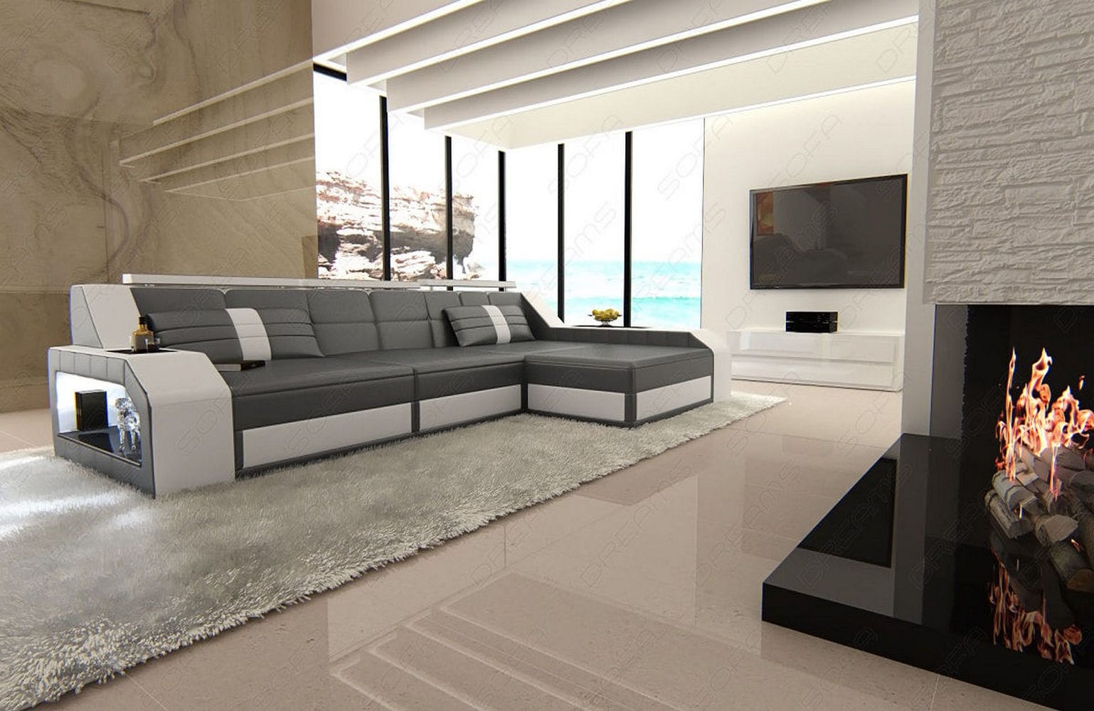Design Ledersofa Arezzo L-Form mit LED grau-weiß