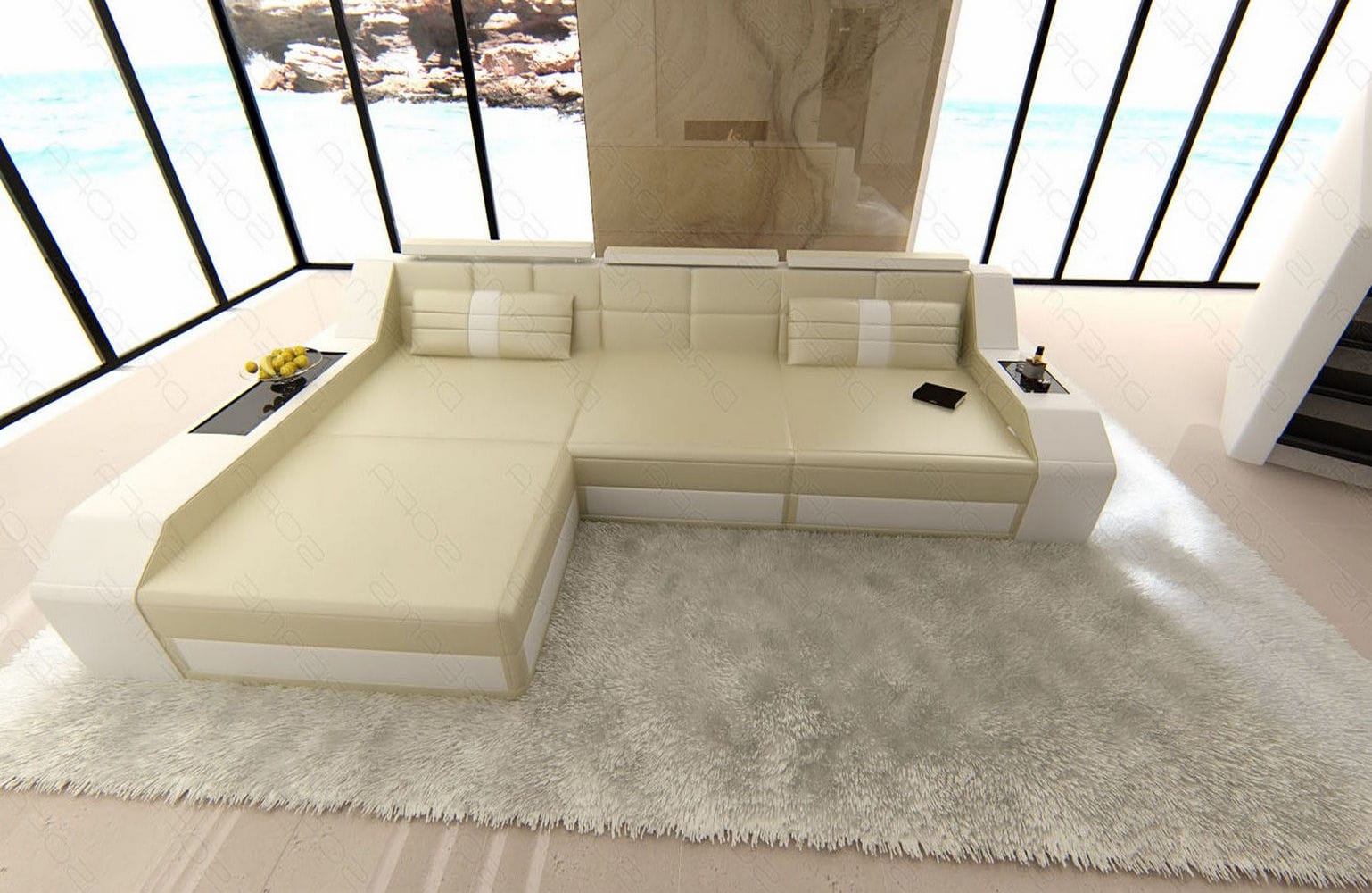 Design Ledersofa Arezzo L-Form mit LED beige-weiß
