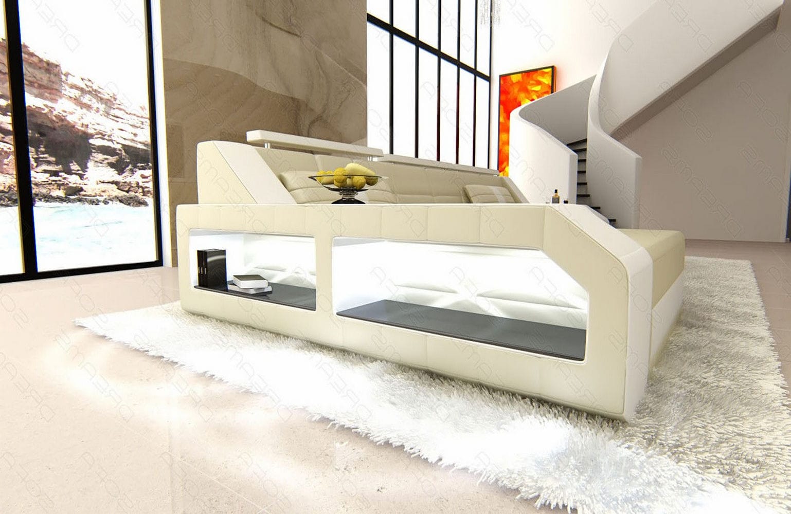 Design Ledersofa Arezzo L-Form mit LED beige-weiß