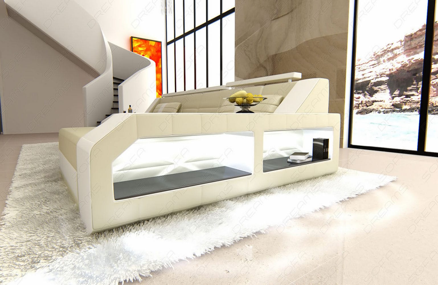 Design Ledersofa Arezzo L-Form mit LED beige-weiß