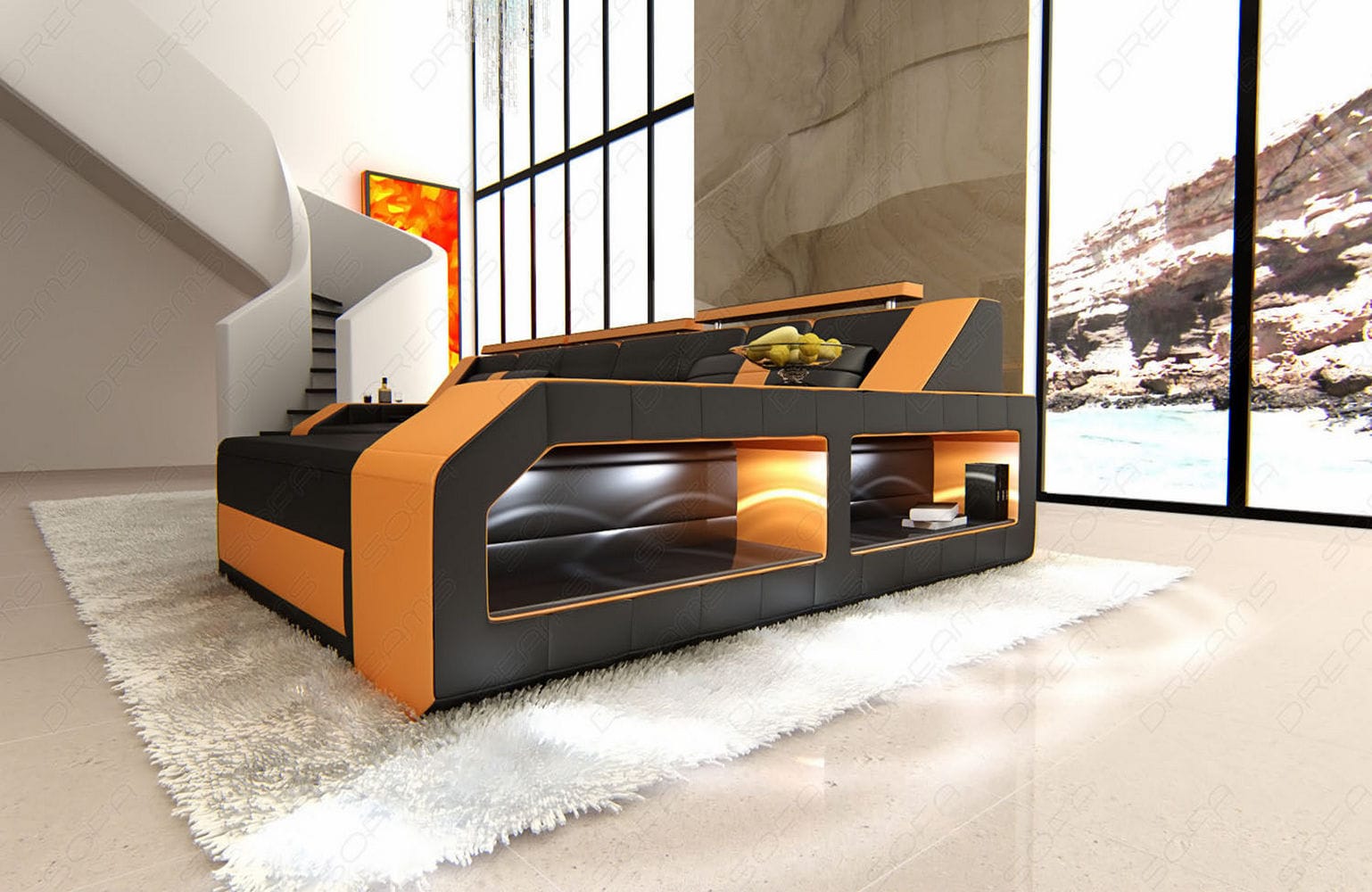 Design Ledersofa Arezzo L-Form mit LED schwarz-orange