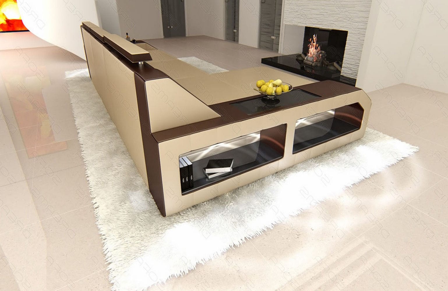 Design Ledersofa Arezzo L-Form mit LED sandbeige-dunkelbraun