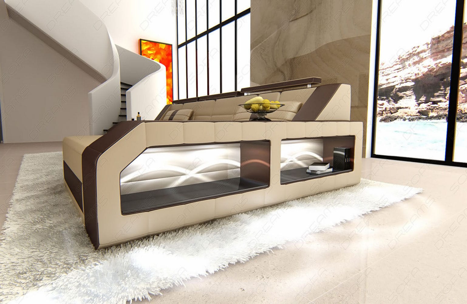 Design Ledersofa Arezzo L-Form mit LED sandbeige-dunkelbraun