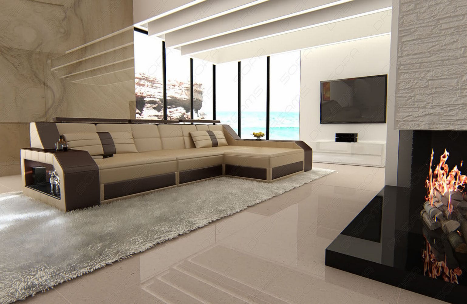 Design Ledersofa Arezzo L-Form mit LED sandbeige-dunkelbraun