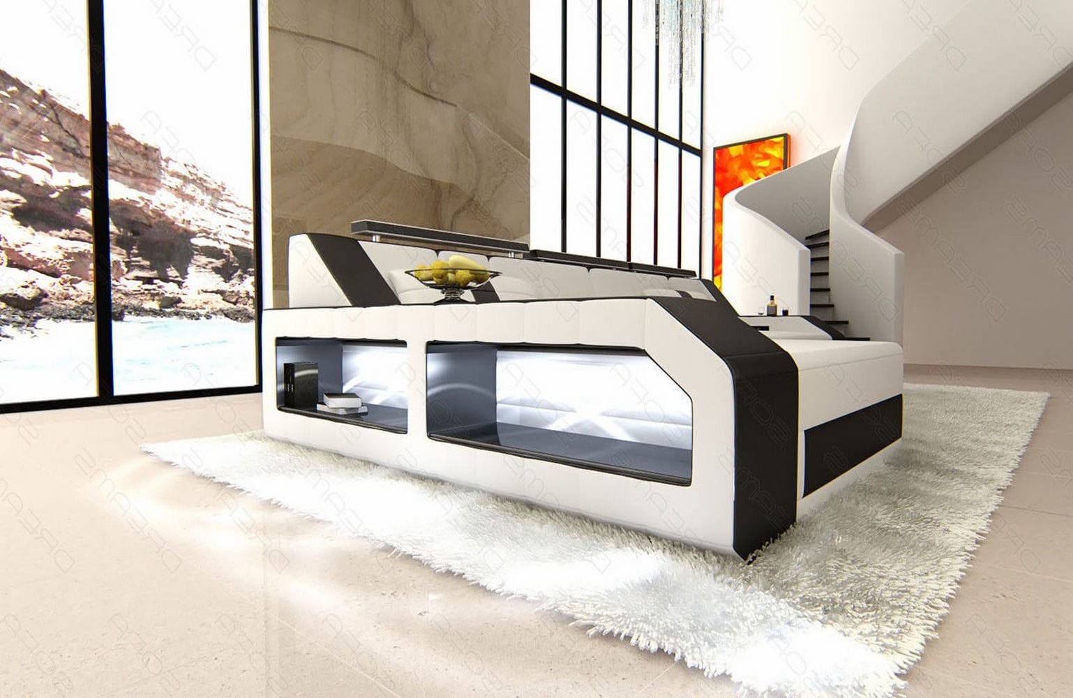Design Ledersofa Arezzo L-Form mit LED weiß-schwarz