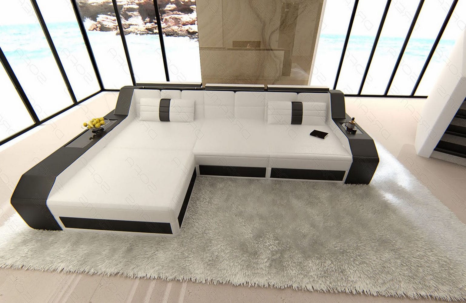 Design Ledersofa Arezzo L-Form mit LED weiß-schwarz