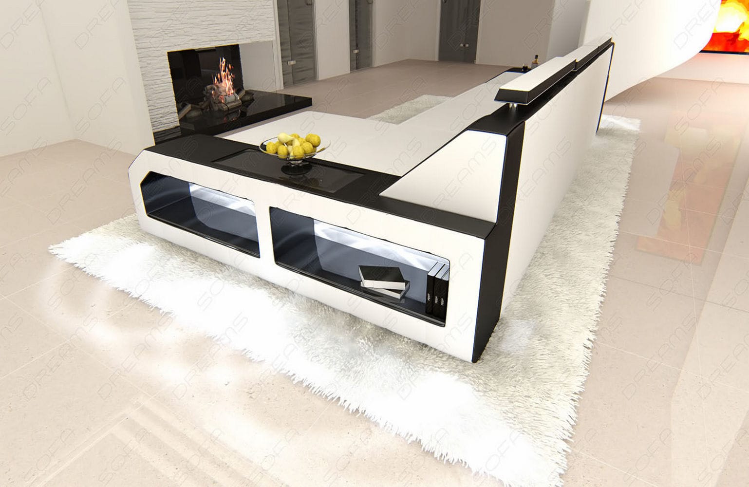 Design Ledersofa Arezzo L-Form mit LED weiß-schwarz