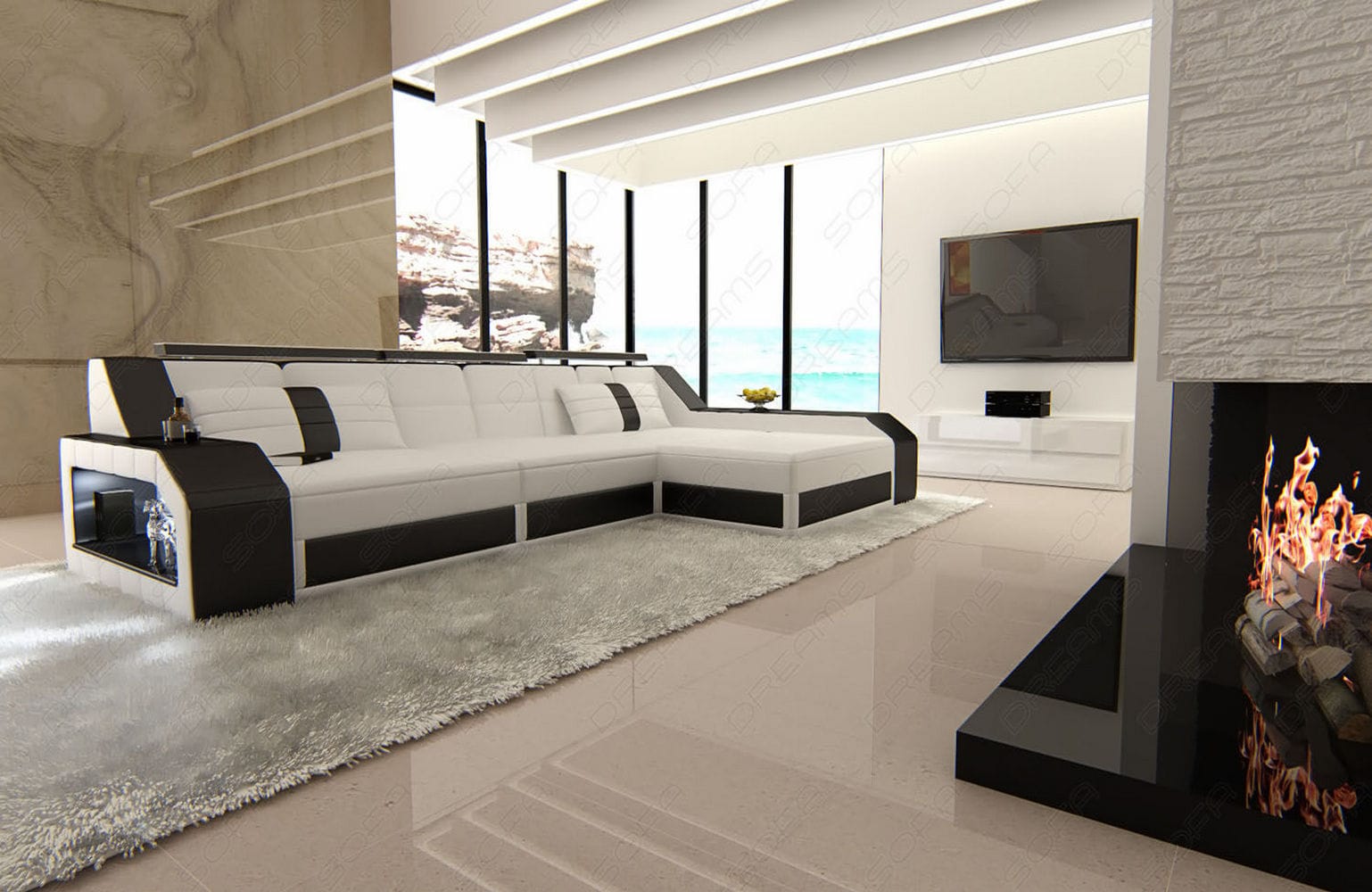 Design Ledersofa Arezzo L-Form mit LED weiß-schwarz