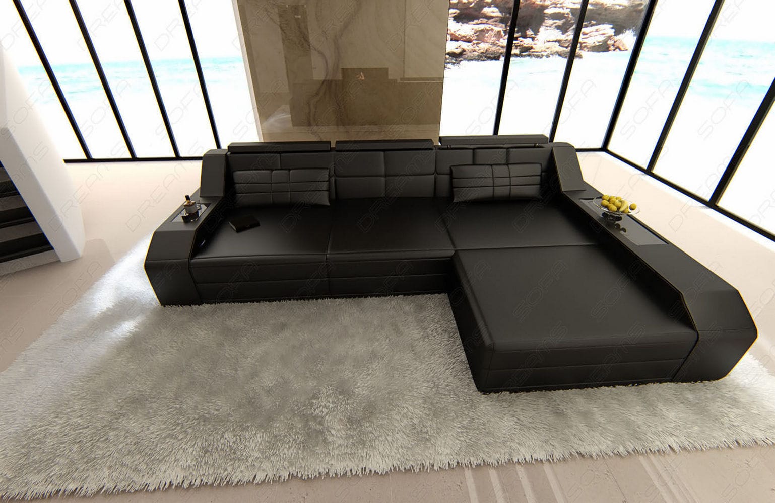 Design Ledersofa Arezzo L-Form mit LED schwarz