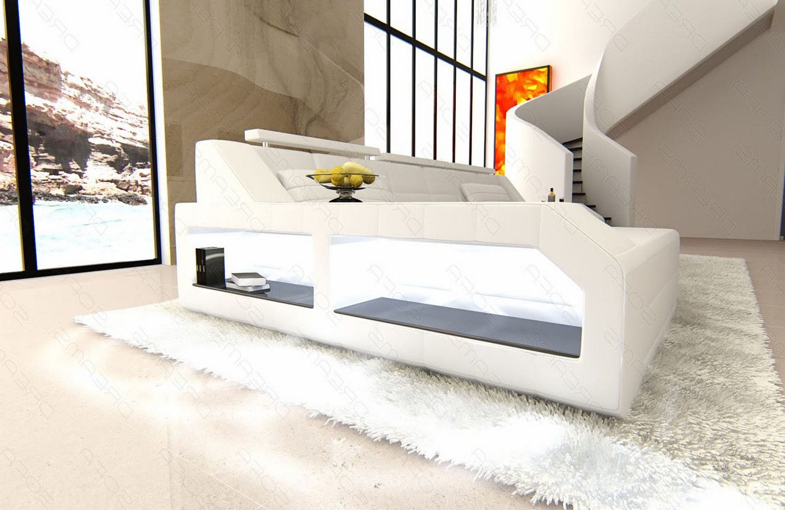 Design Ledersofa Arezzo L-Form mit LED weiß