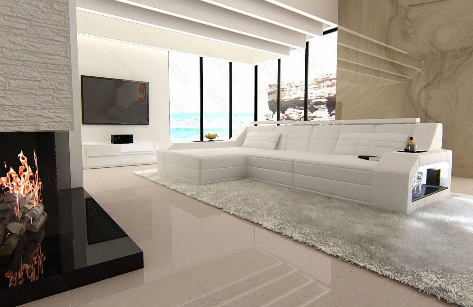 Design Ledersofa Arezzo L-Form mit LED weiß