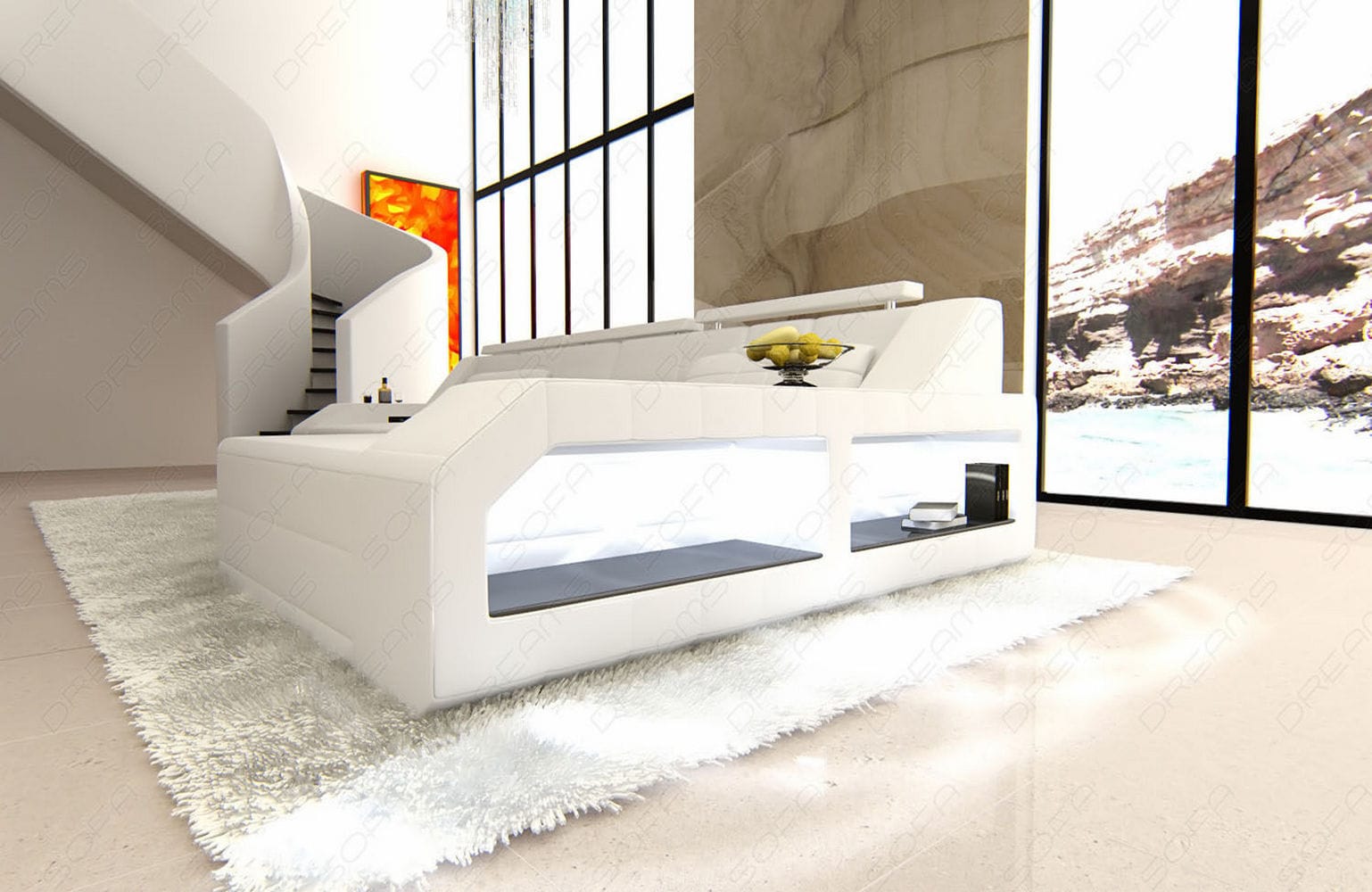 Design Ledersofa Arezzo L-Form mit LED weiß