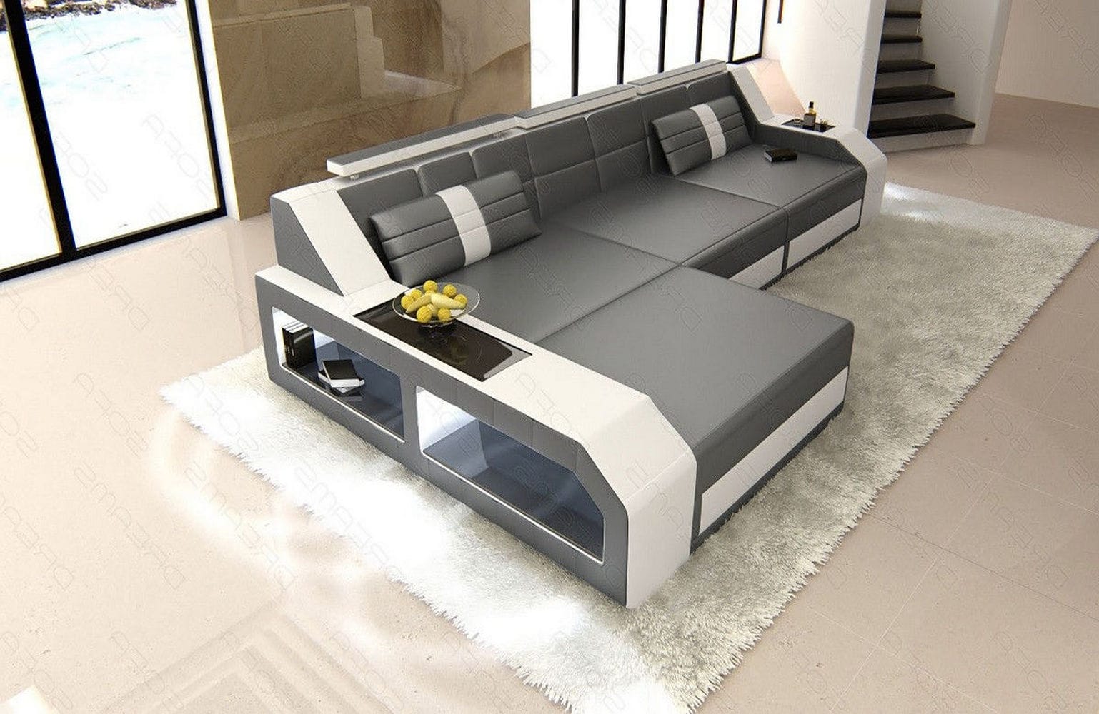 Design Ledersofa Arezzo L-Form mit LED grau-weiß