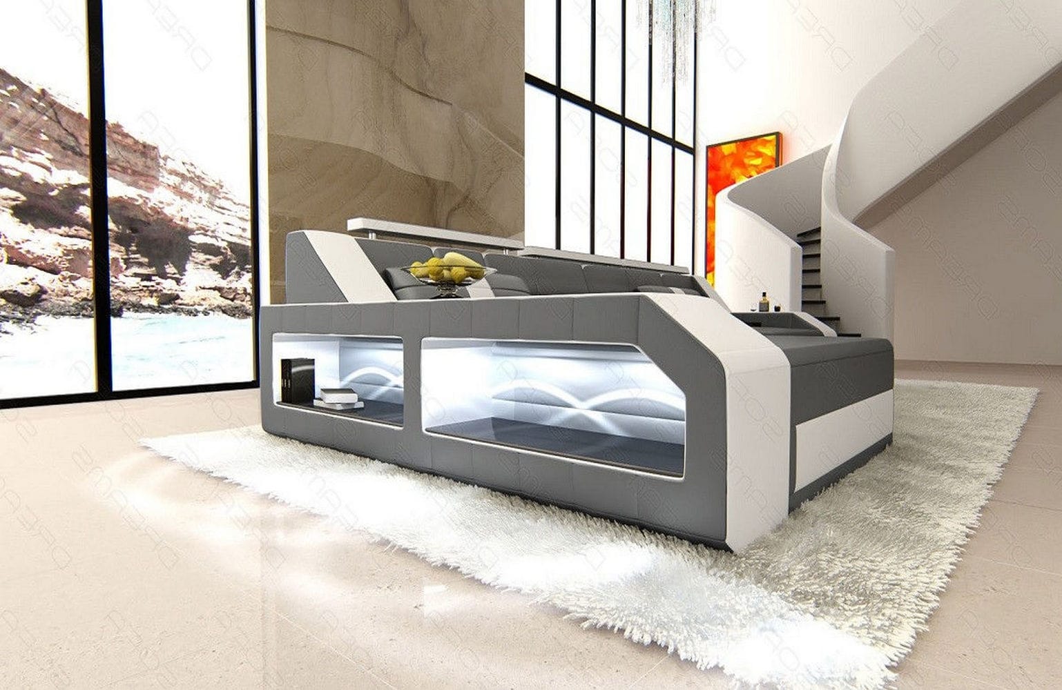 Design Ledersofa Arezzo L-Form mit LED grau-weiß