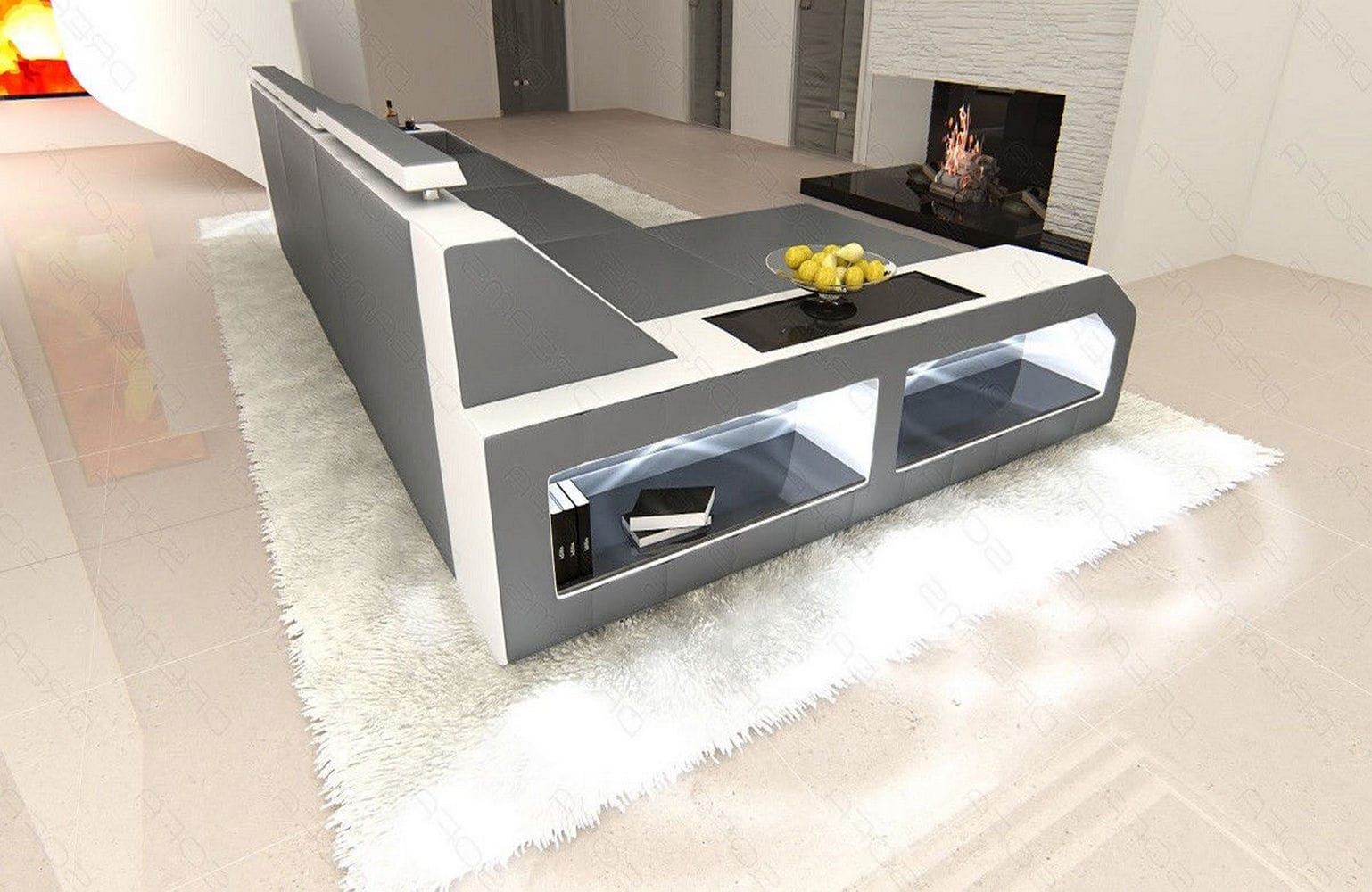Design Ledersofa Arezzo L-Form mit LED grau-weiß