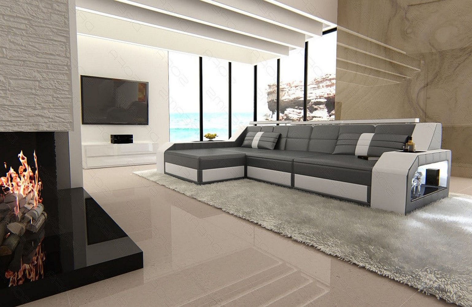 Design Ledersofa Arezzo L-Form mit LED grau-weiß